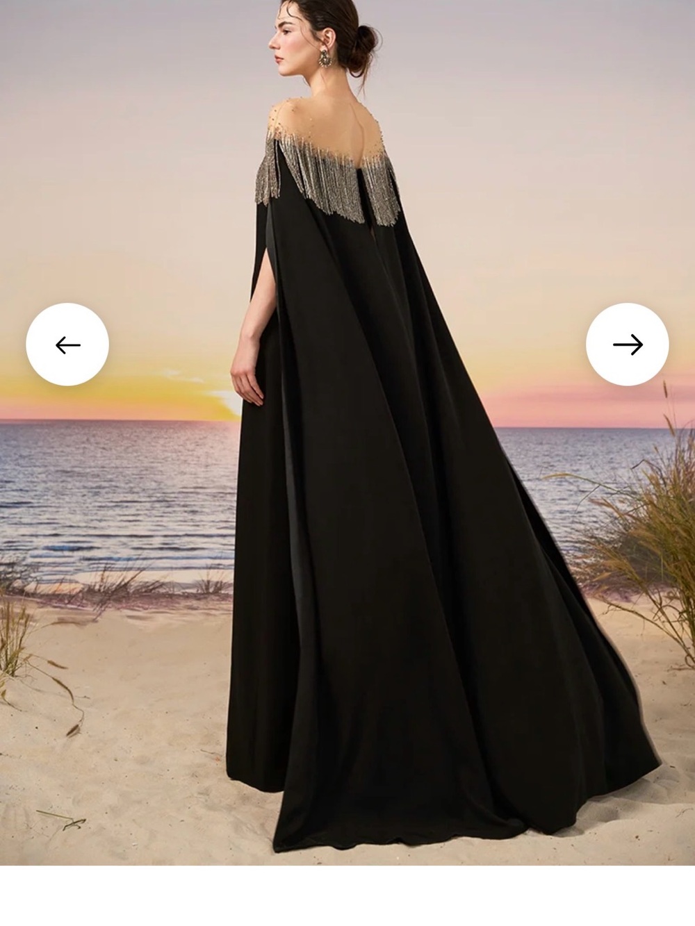Black Off-Shoulder Evening Cape Dress with Silver Fringe